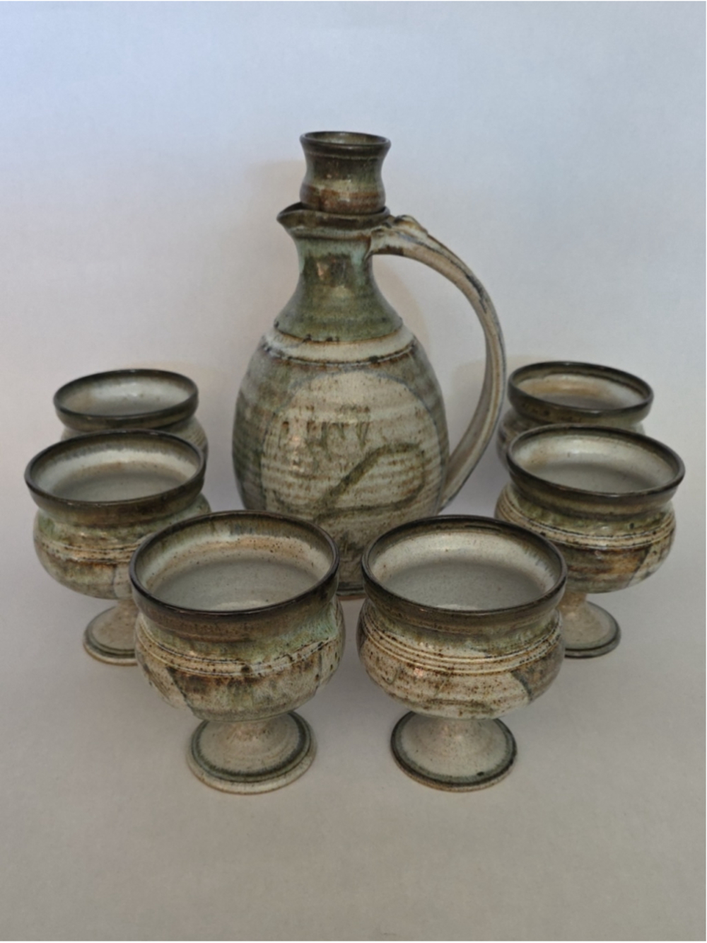 Vtg John Dunlap Studio Pottery Beverage Set - 8 Piece Stoneware Decanter Goblets